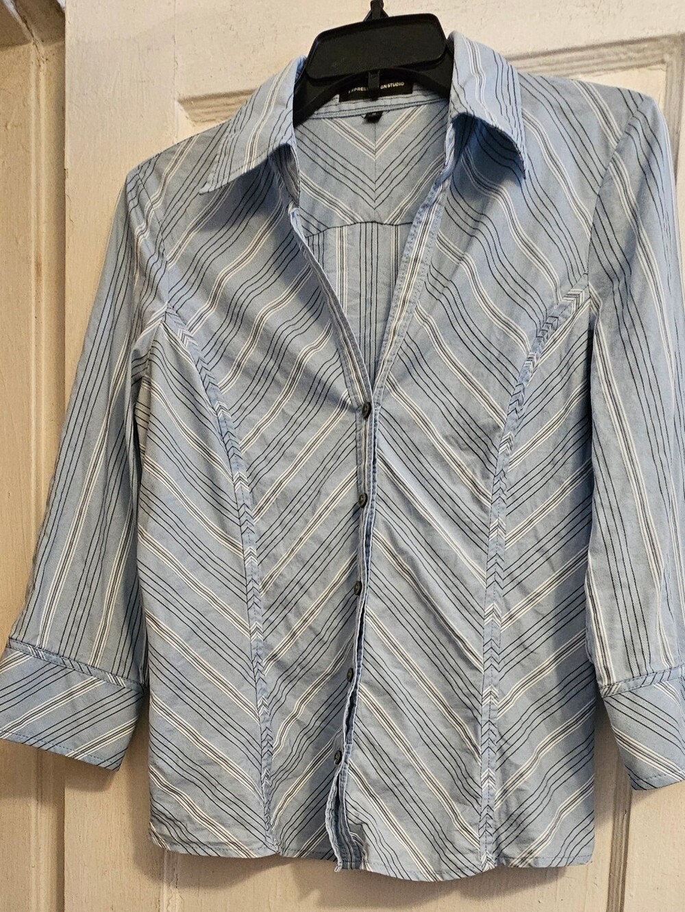 Express - Light Blue Striped Womens Button-Up Shirt